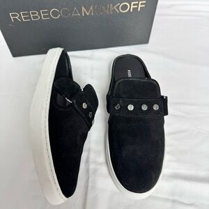 Rebecca Minkoff Sonia Women’s 9 Shoes Black Suede Slip-On Mules Flat Studded